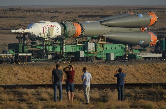 Soyuz-FG space missile brought to launch pad at Baikonur Cosmodrome