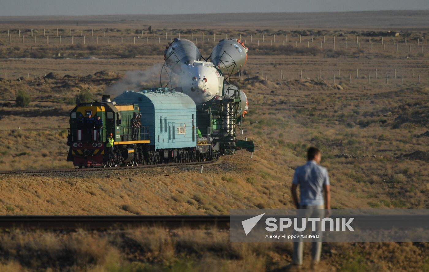 Soyuz-FG space missile brought to launch pad at Baikonur Cosmodrome
