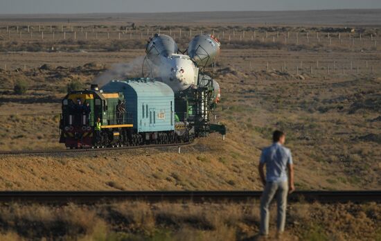 Soyuz-FG space missile brought to launch pad at Baikonur Cosmodrome