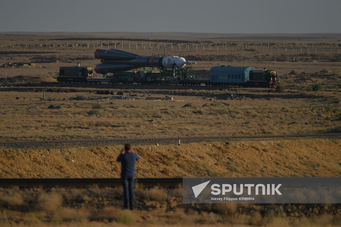 Soyuz-FG space missile brought to launch pad at Baikonur Cosmodrome