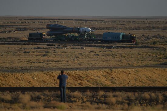 Soyuz-FG space missile brought to launch pad at Baikonur Cosmodrome