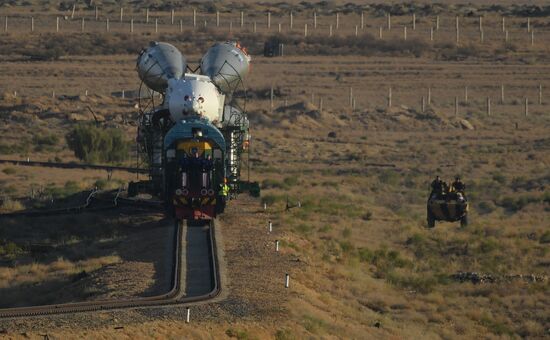 Soyuz-FG space missile brought to launch pad at Baikonur Cosmodrome