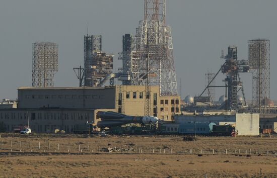 Soyuz-FG space missile brought to launch pad at Baikonur Cosmodrome