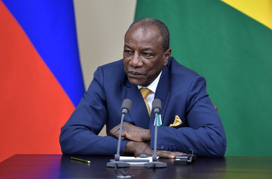 Russian President Vladimir Putin meets with President of Guinea Alpha Conde