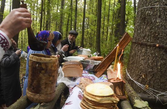 Mari native religion followers hold prayer service in sacred grove
