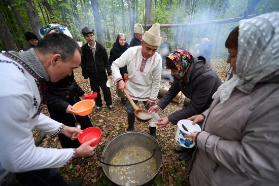 Mari native religion followers hold prayer service in sacred grove