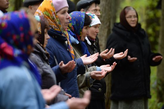 Mari native religion followers hold prayer service in sacred grove