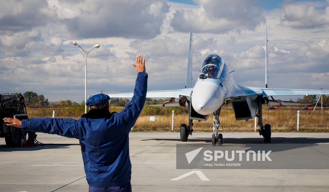 Practice flights of Russian Falcons aerobatic team in Krasnodar Territory