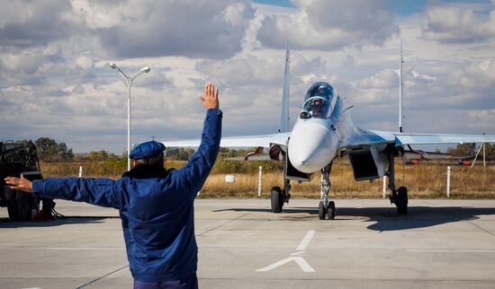 Practice flights of Russian Falcons aerobatic team in Krasnodar Territory