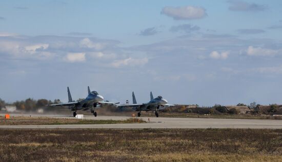 Practice flights of Russian Falcons aerobatic team in Krasnodar Territory