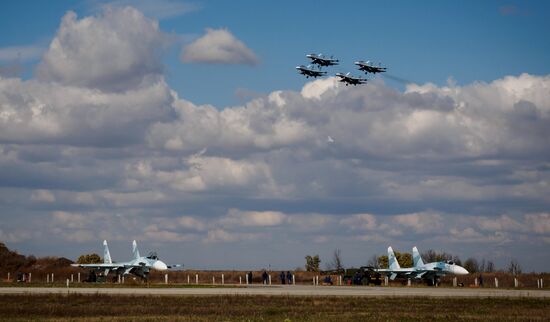 Practice flights of Russian Falcons aerobatic team in Krasnodar Territory