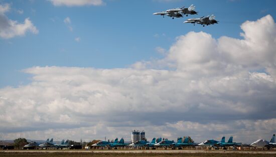 Practice flights of Russian Falcons aerobatic team in Krasnodar Territory