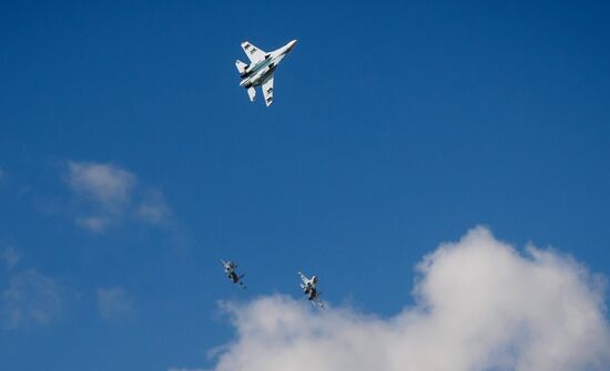 Practice flights of Russian Falcons aerobatic team in Krasnodar Territory