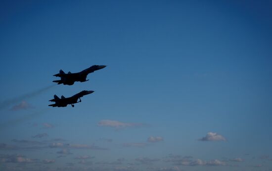 Practice flights of Russian Falcons aerobatic team in Krasnodar Territory