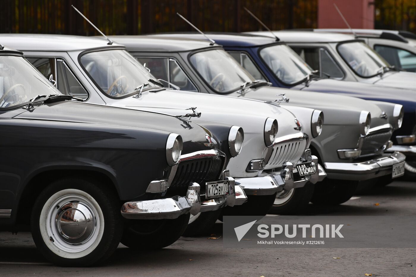 Display of vintage Volga cars