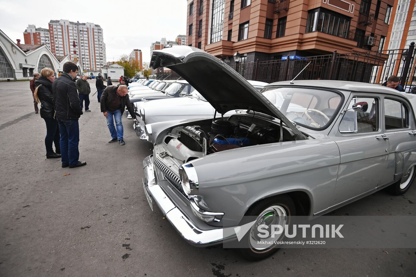 Display of vintage Volga cars