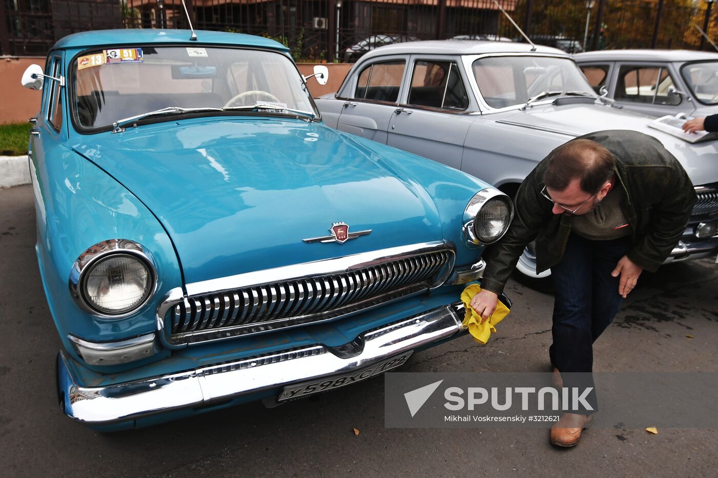 Display of vintage Volga cars