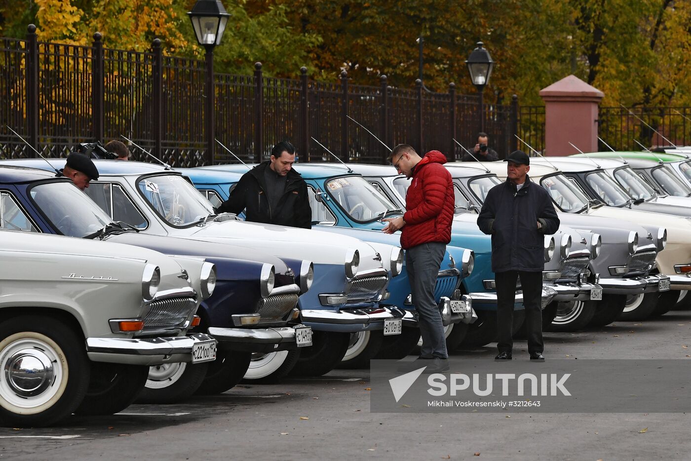 Display of vintage Volga cars