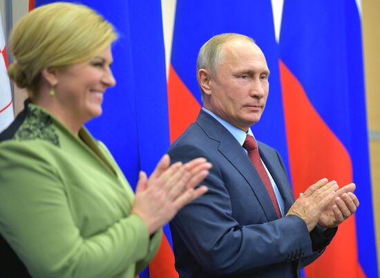 Russian President Vladimir Putin meets with President of Croatia Kolinda Grabar-Kitarovic