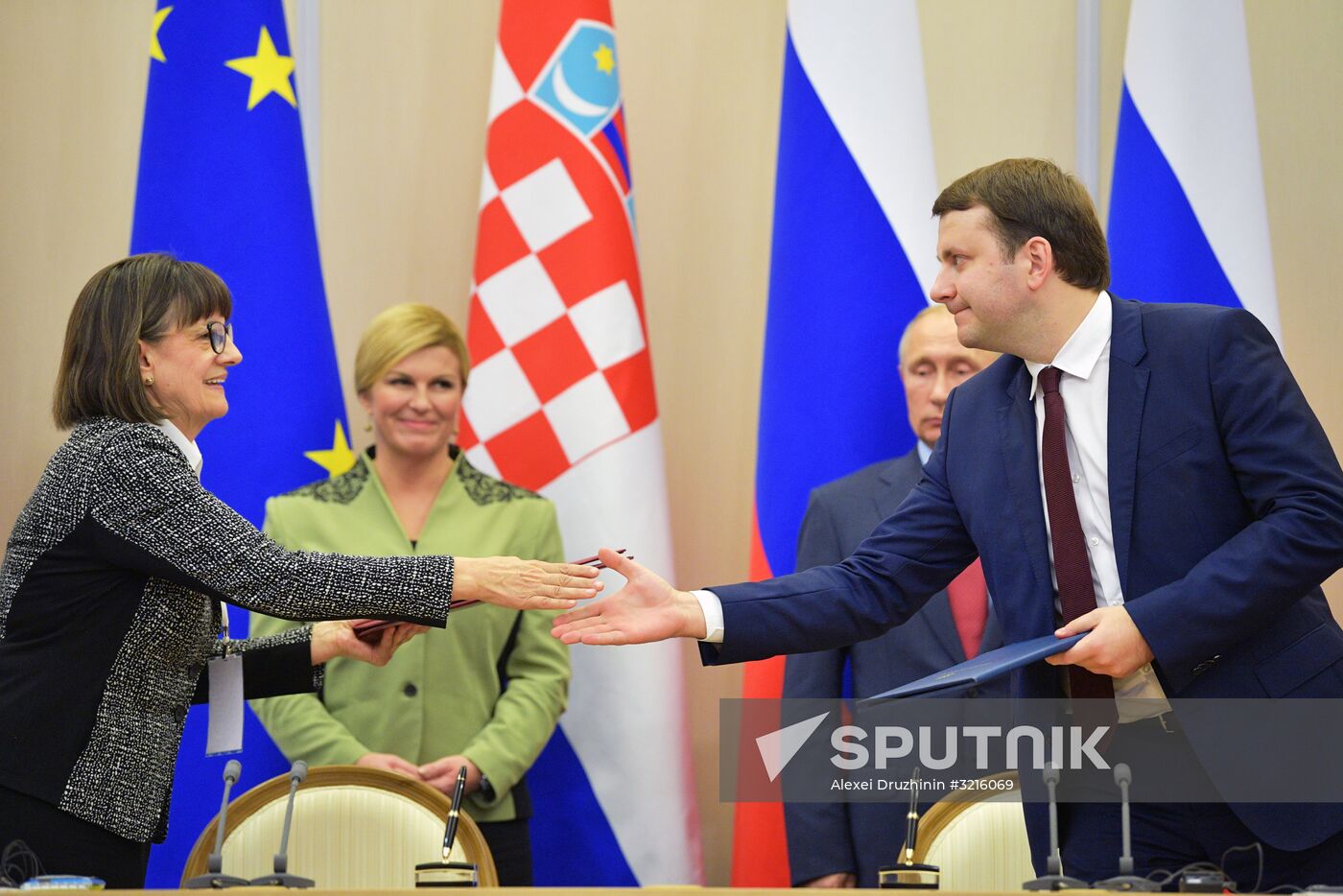Russian President Vladimir Putin meets with Croatian President Kolinda Grabar-Kitarovic