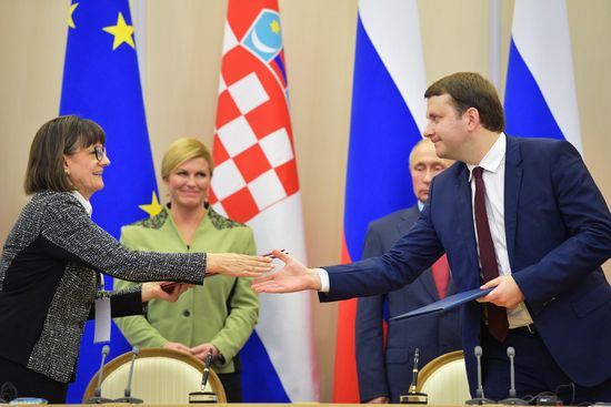 Russian President Vladimir Putin meets with Croatian President Kolinda Grabar-Kitarovic