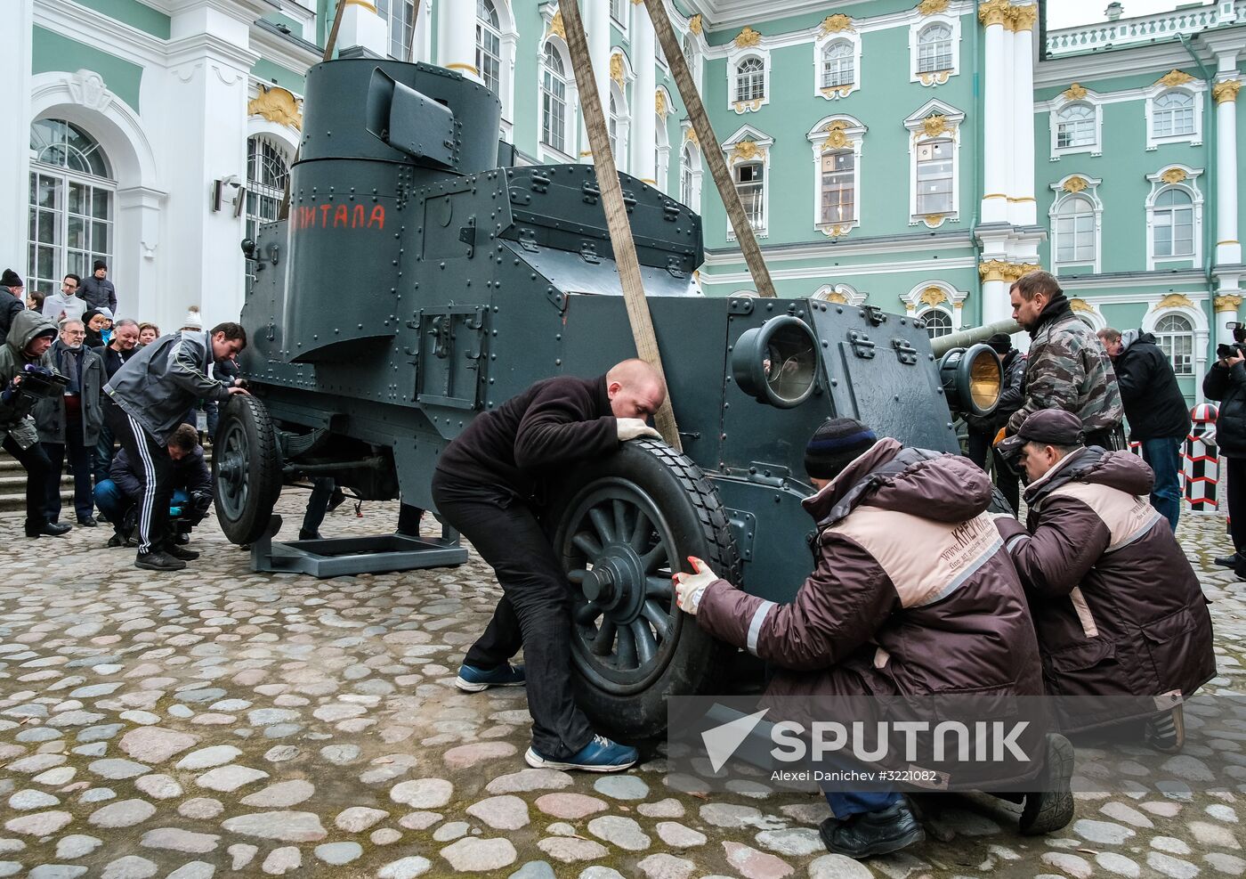 Installing armored car Enemy of Capital at the Great Courtyard of the Winter Palace