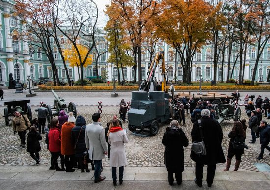 Installing armored car Enemy of Capital at the Great Courtyard of the Winter Palace
