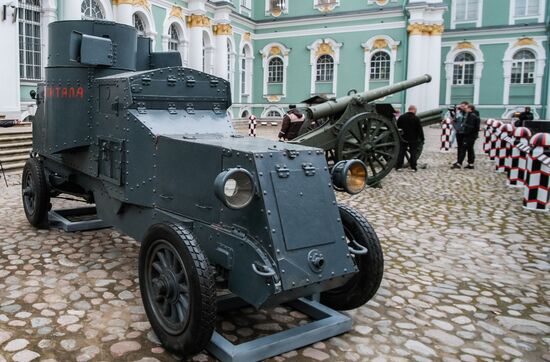 Installing armored car Enemy of Capital at the Great Courtyard of the Winter Palace