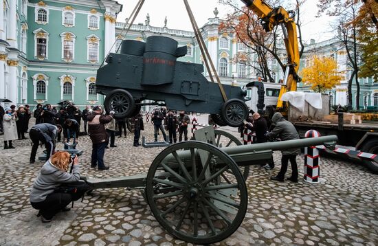 Installing armored car Enemy of Capital at the Great Courtyard of the Winter Palace