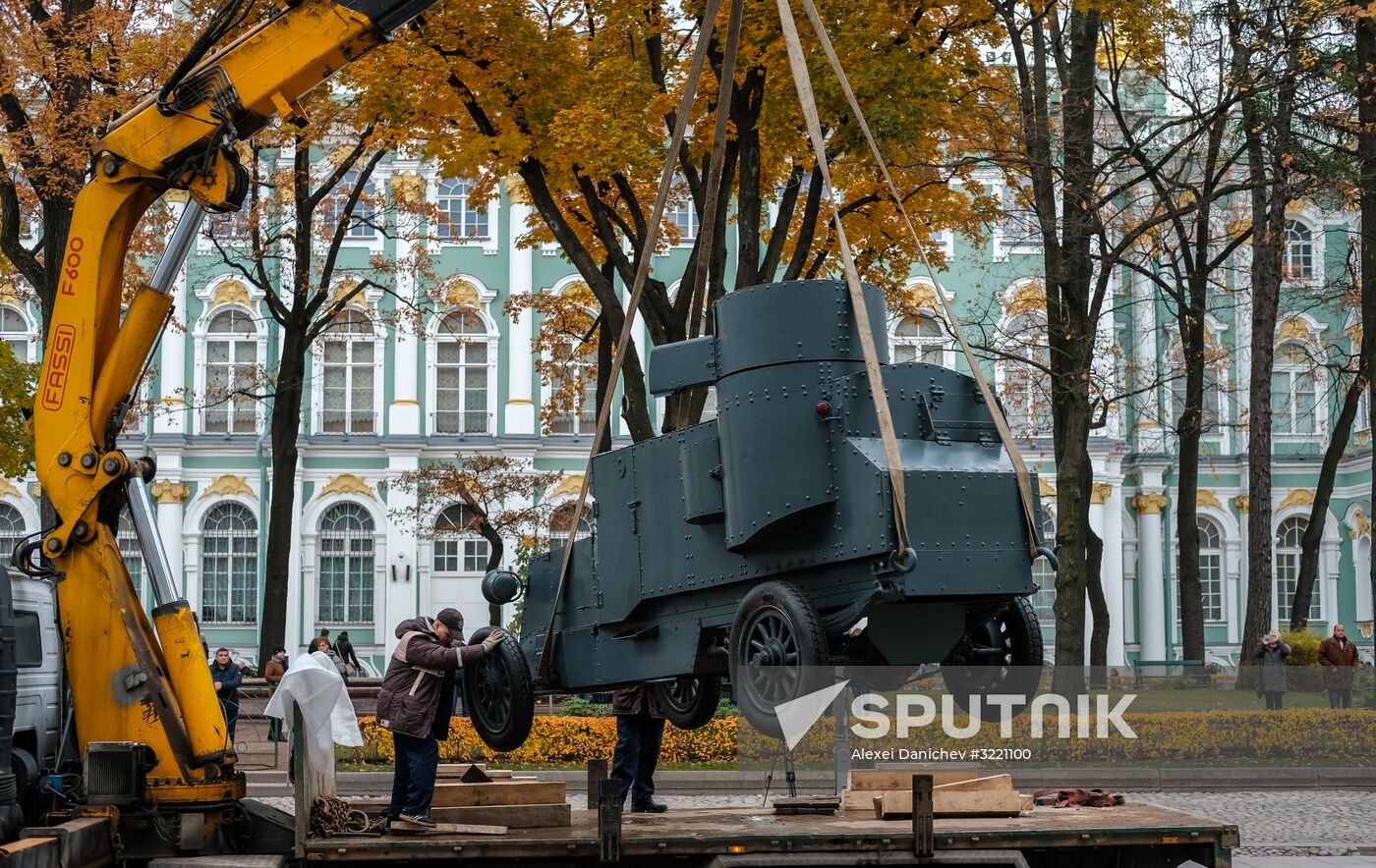 Installing armored car Enemy of Capital at the Great Courtyard of the Winter Palace