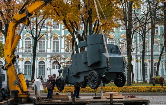 Installing armored car Enemy of Capital at the Great Courtyard of the Winter Palace