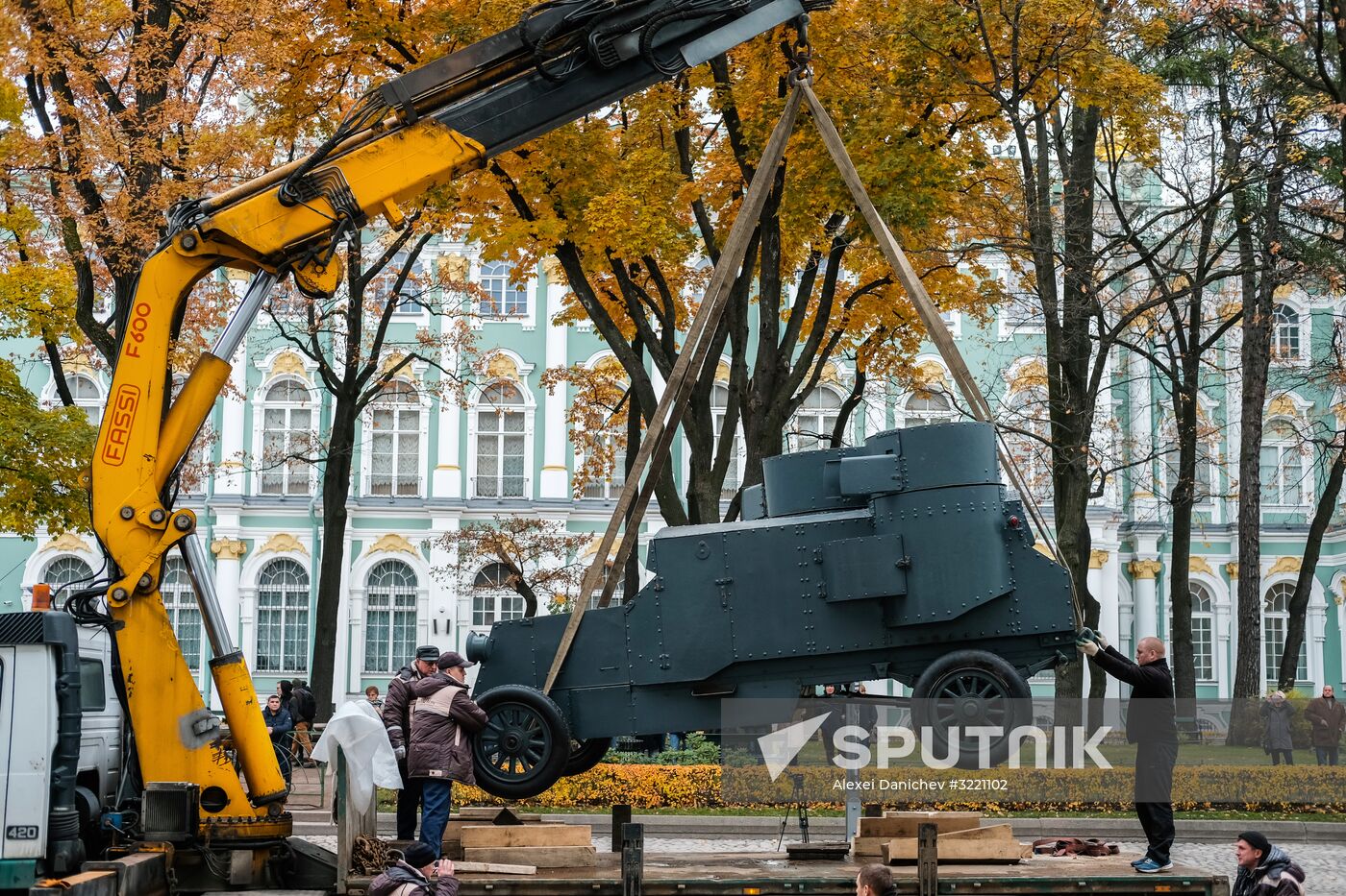 Installing armored car Enemy of Capital at the Great Courtyard of the Winter Palace
