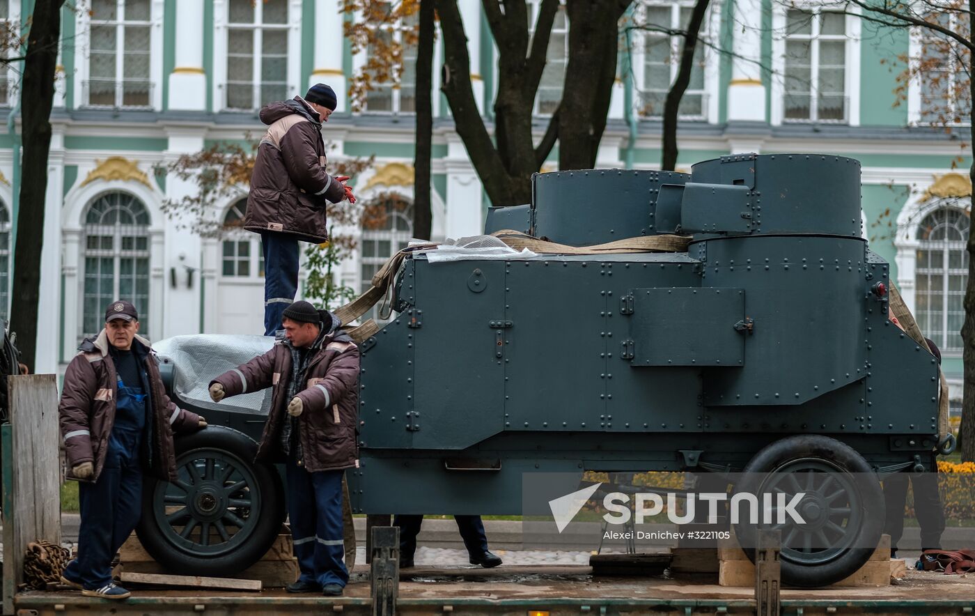 Installing armored car Enemy of Capital at the Great Courtyard of the Winter Palace