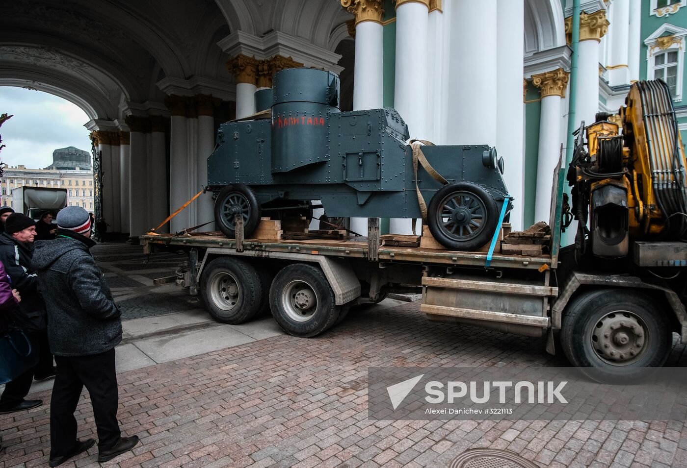 Installing armored car Enemy of Capital at the Great Courtyard of the Winter Palace