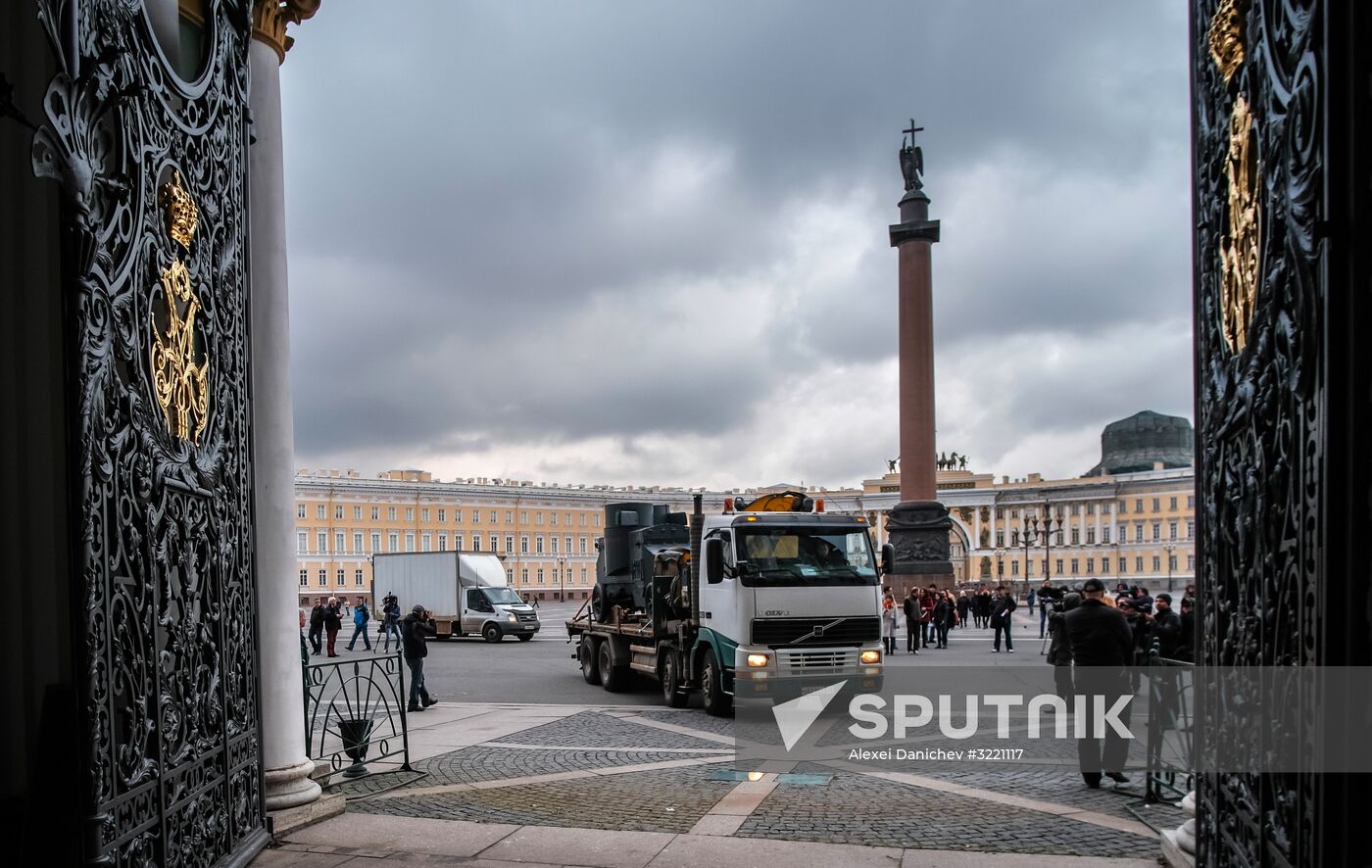 Installing armored car Enemy of Capital at the Great Courtyard of the Winter Palace