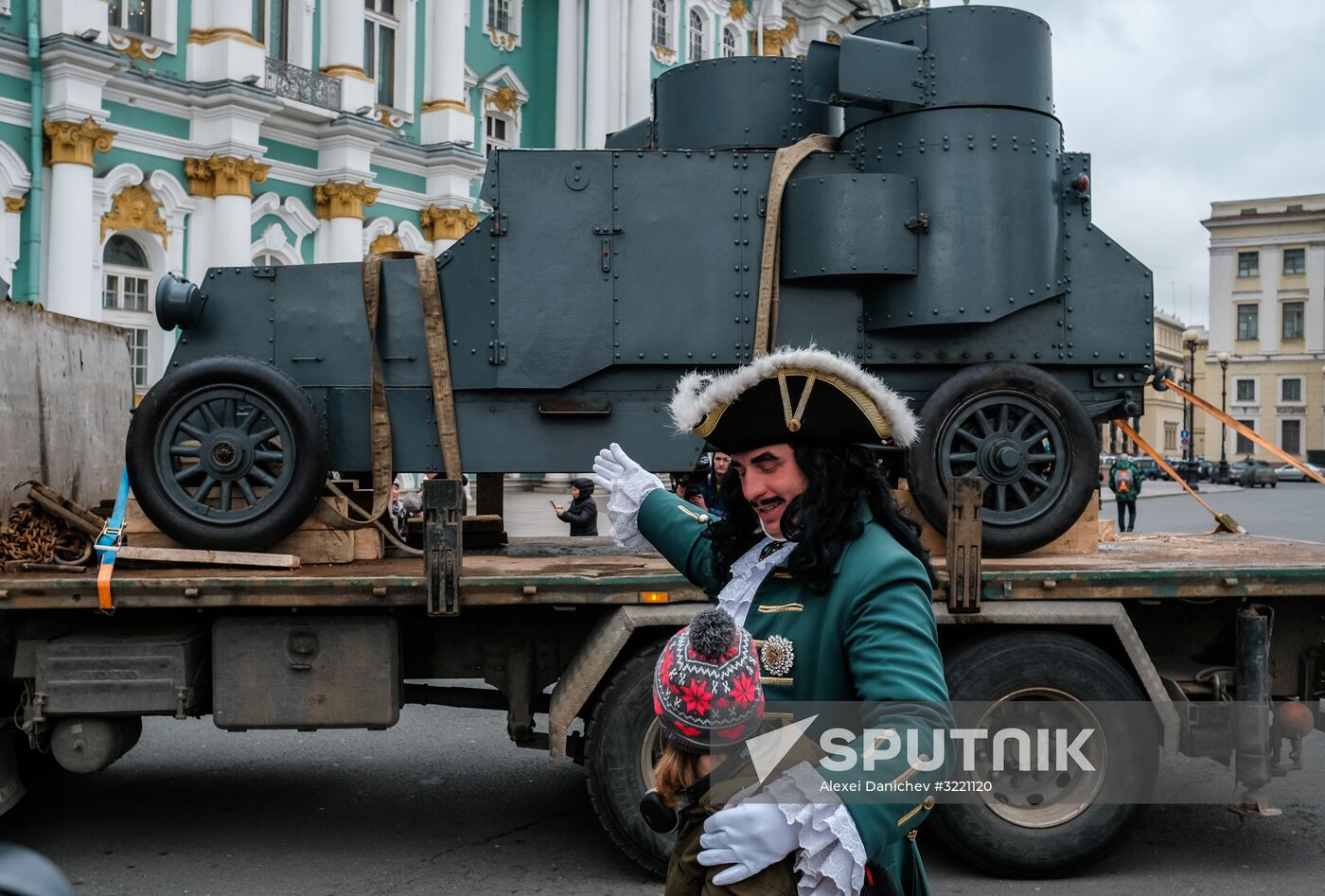 Installing armored car Enemy of Capital at the Great Courtyard of the Winter Palace