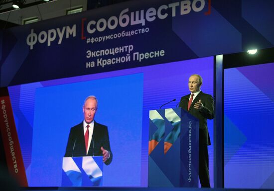 Russian President Vladimir Putin attends Soobshchestvo forum of proactive citizens