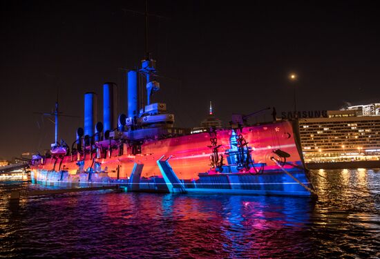 Multimedia show projected on Cruiser Aurora in St. Petersburg