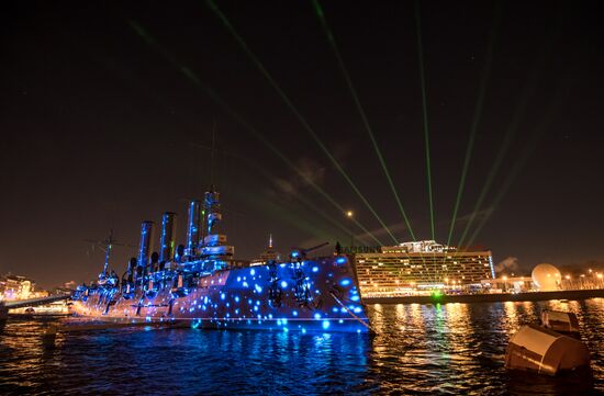 Multimedia show projected on Cruiser Aurora in St. Petersburg