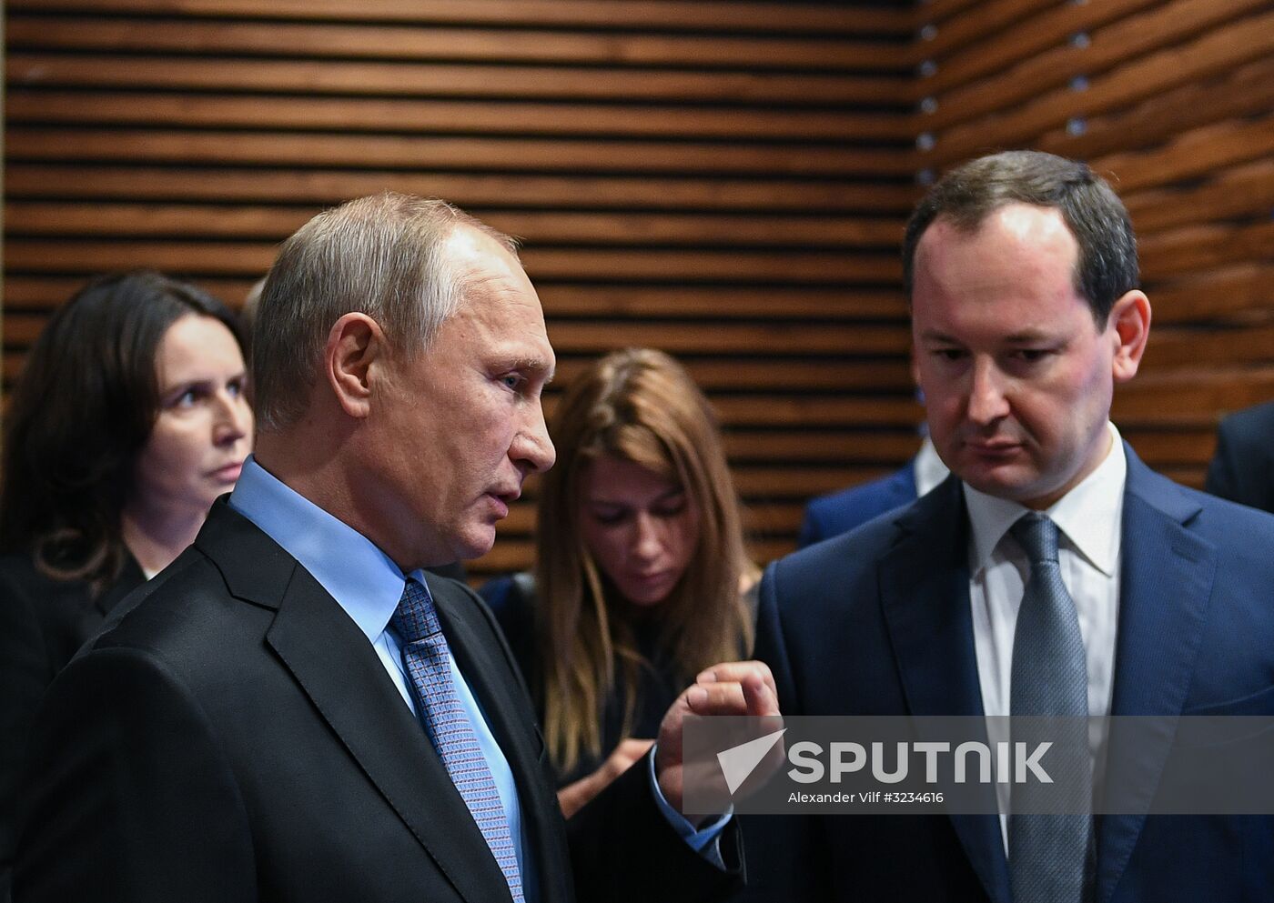 November 14, 2017. Russian President Vladimir Putin tours the exhibition of innovative developments for the electric power industry, at Rosseti headquarters. Right: Rosseti general director, chairman of the board Pavel Livinsky. Location: Russia, Moscow. Author: Alexander Vilf/Sputnik. Russian President Vladimir Putin visits Rosseti
