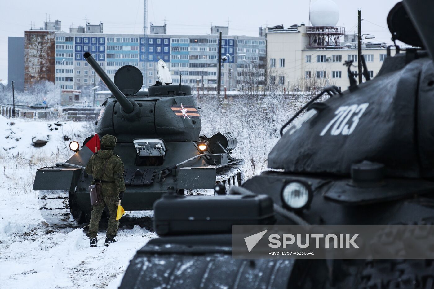 Peformance by historical military equipment unit in Murmansk