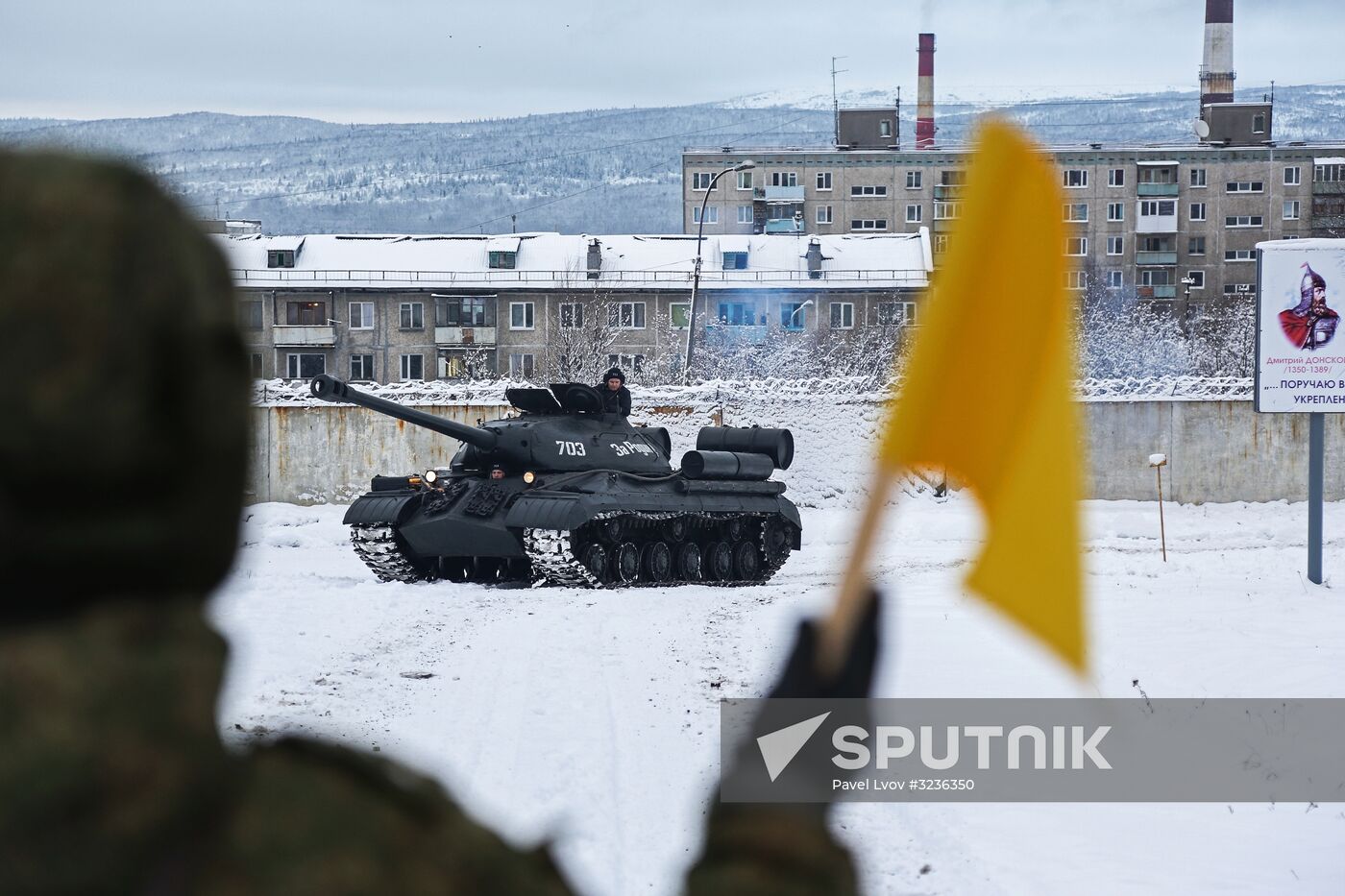 Peformance by historical military equipment unit in Murmansk