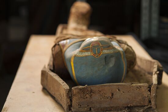 Expedition of Center of Egyptological Studies of Russian Academy of Sciences finds a mummy with golden mask in Fayum Oasis