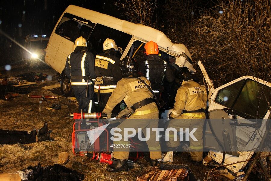 Minibus collides with timber truck in Mari El