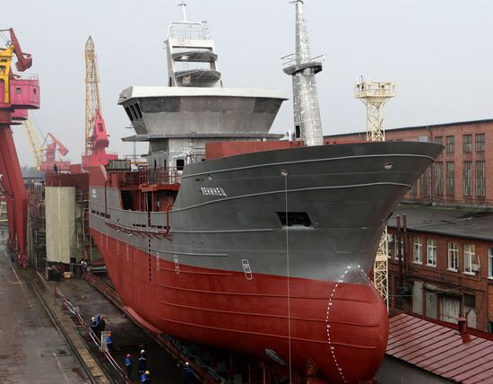 Launching Leninets trawler in Kaliningrad
