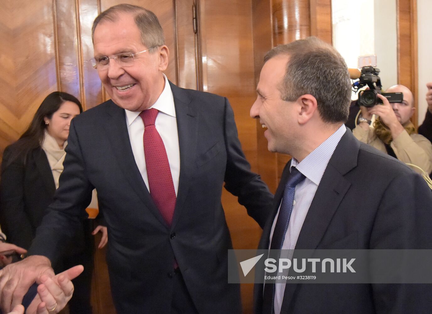 Russian Foreign Minister Sergei Lavrov and Lebanese Foreign Minister Gebran Bassil at meeting