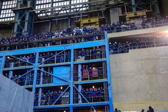 Launching Prince Vladimir nuclear-powered submarine cruiser in Severodvinsk