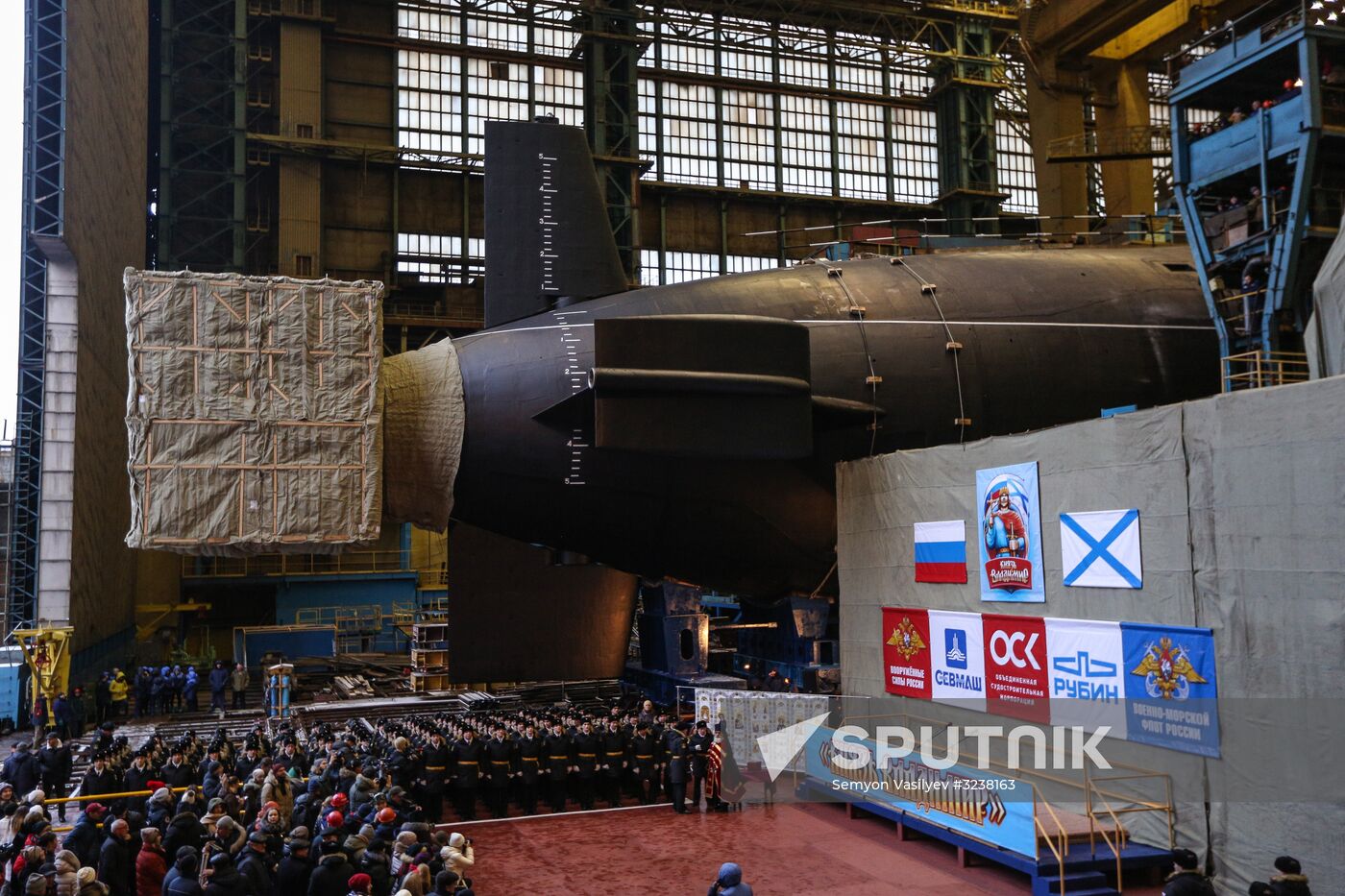 Launching Prince Vladimir nuclear-powered submarine cruiser in Severodvinsk