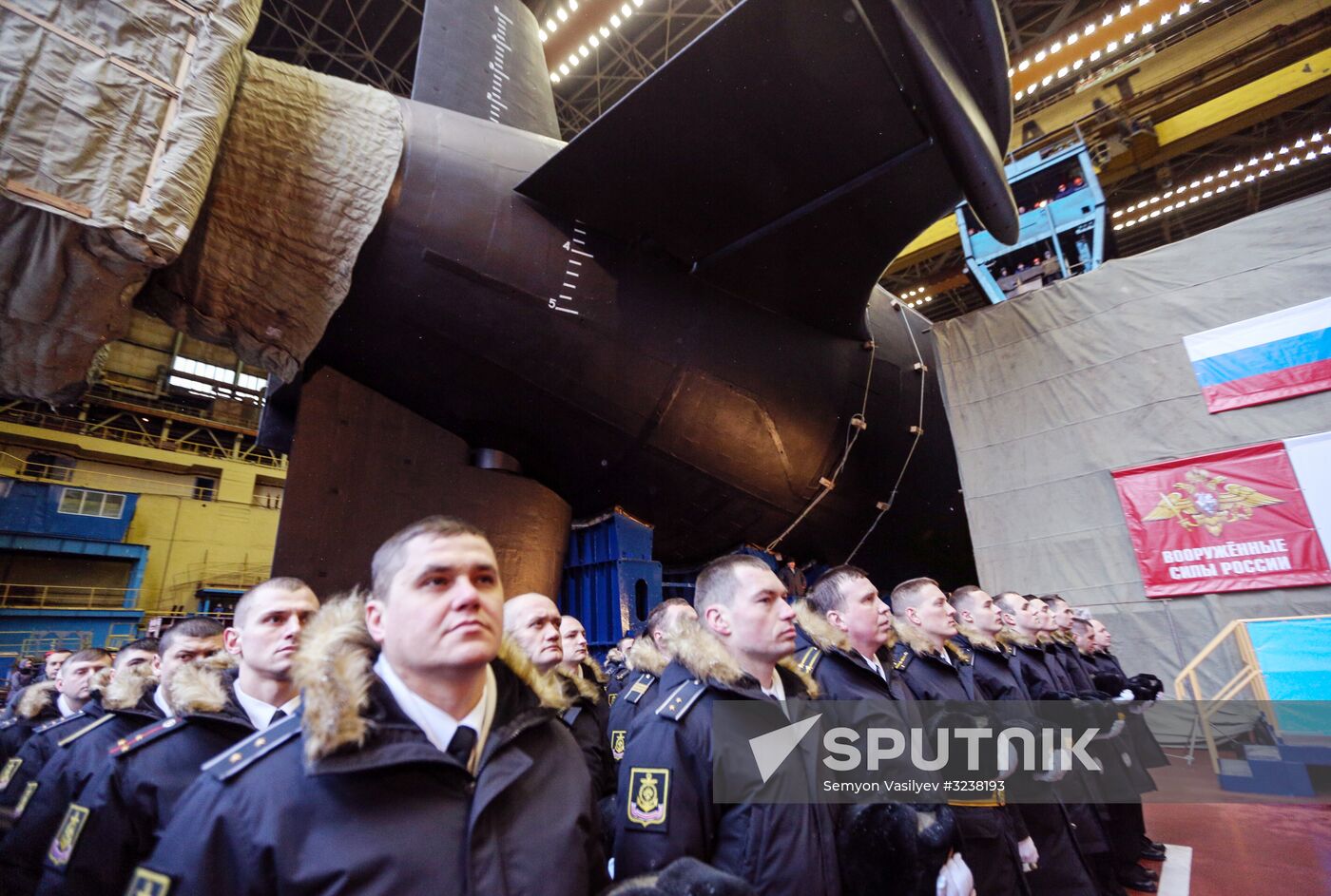 Launching Prince Vladimir nuclear-powered submarine cruiser in Severodvinsk