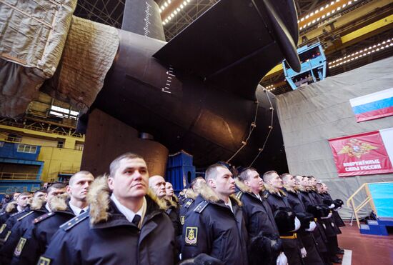Launching Prince Vladimir nuclear-powered submarine cruiser in Severodvinsk
